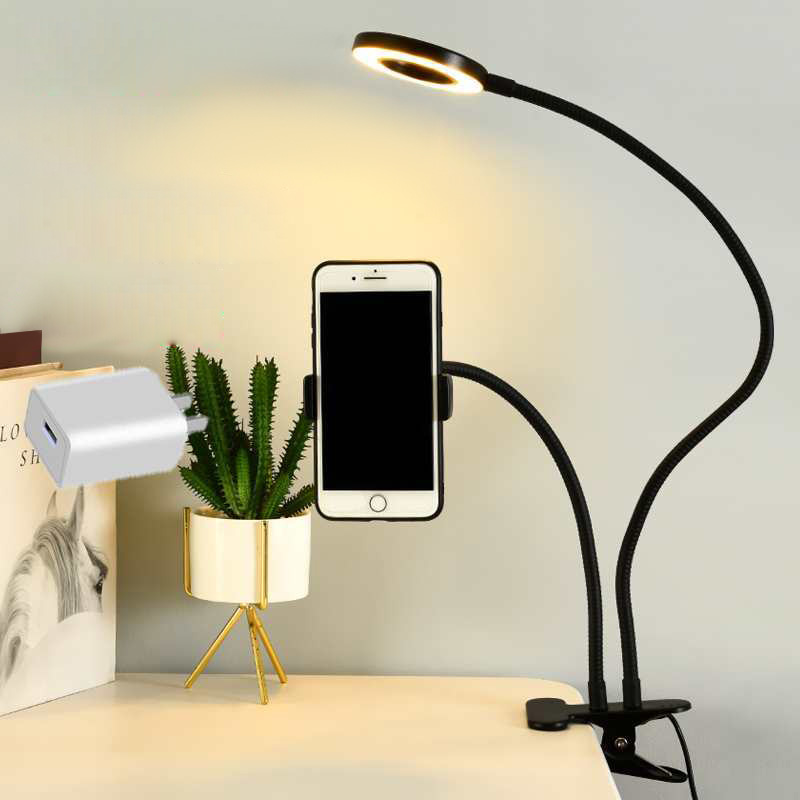 Photography Lighting Effects - 自撮りリングライト付きユニバーサルフレキシブル携帯電話ホルダー、オフィス怠惰なブラケットデスクランプLEDライト、ライブストリームフィルライト用