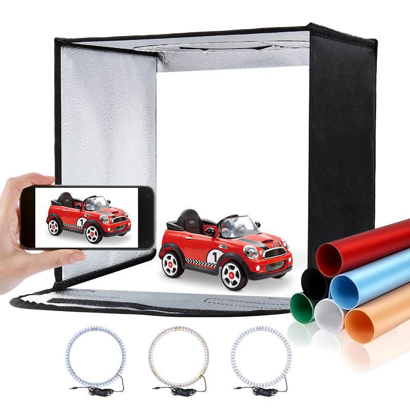 Photography Lighting And Backdrop Kits - 折りたたみ式フォトスタジオライトボックス、LEDライトリング付きマルチアングル撮影テントキット、写真撮影用キャリーバッグ、6つの背景、11.8x11.8