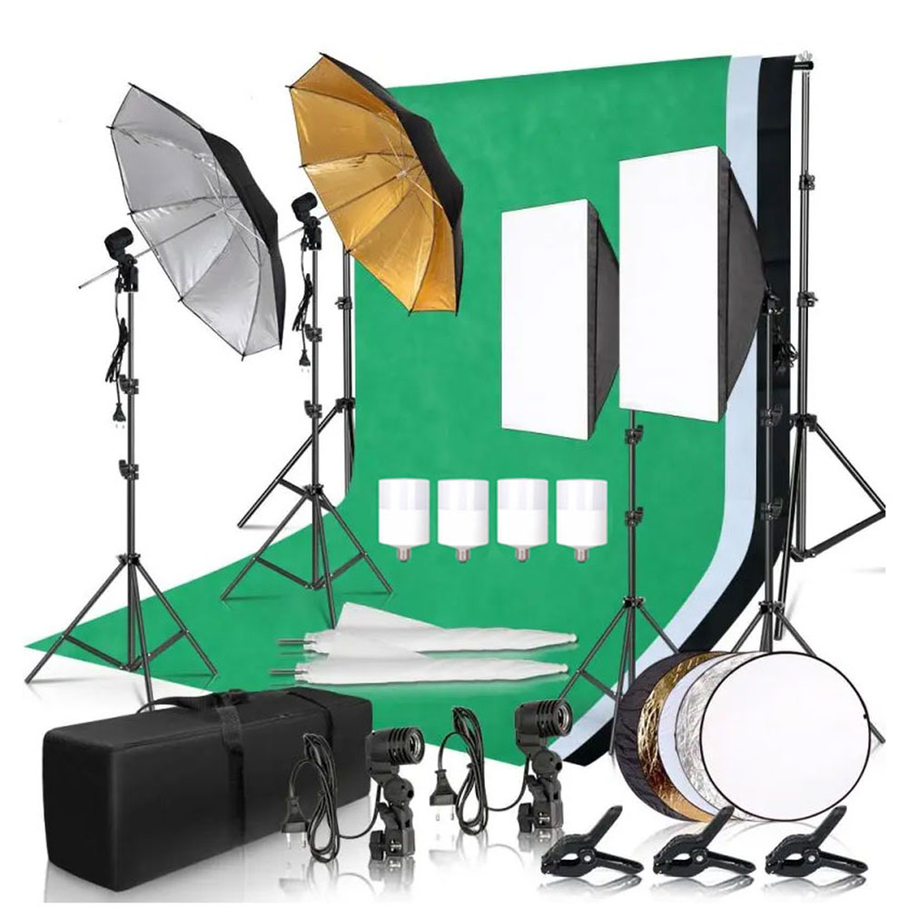 Photography Lighting And Backdrop Kits - 写真撮影用ソフトボックス照明キット、2.6x3m背景フレーム、3枚の背景布、三脚スタンド、反射板、4つの傘付き
