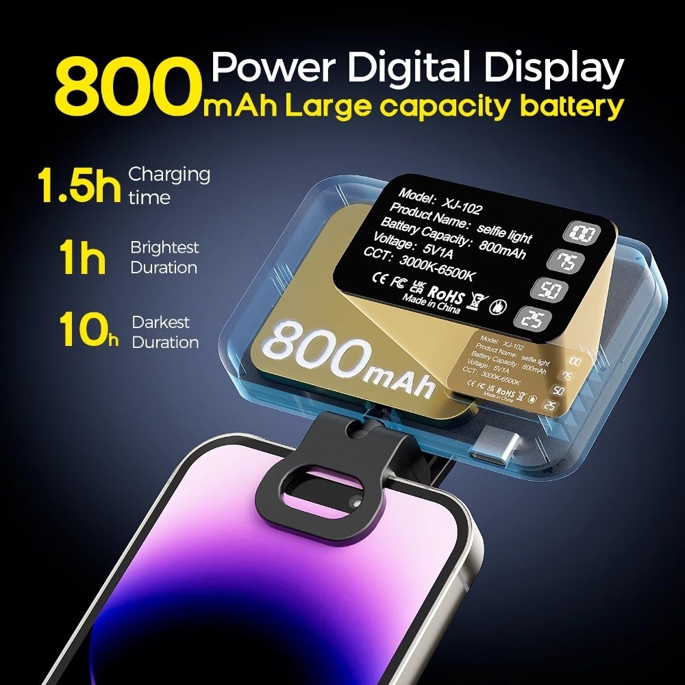 Photography Lighting Flash - 800/1000mAh LEDセルフィーライト 3モード USB充電式 LEDフィルライト 明るさ調整可能