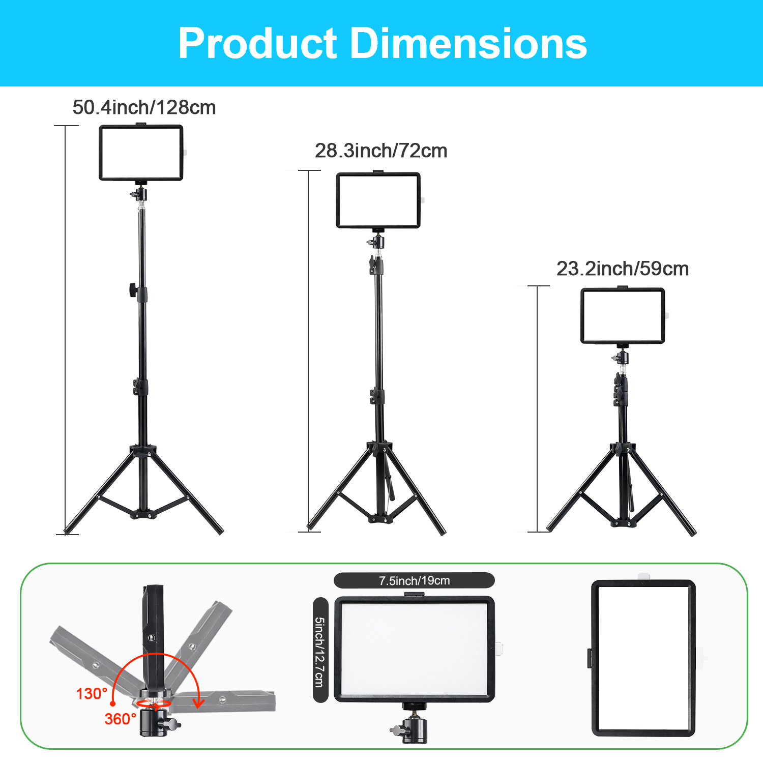 8インチ角型LEDフィルライト、43インチ調整可能なスタンド - Stand Lighting Photography のレビューと価格