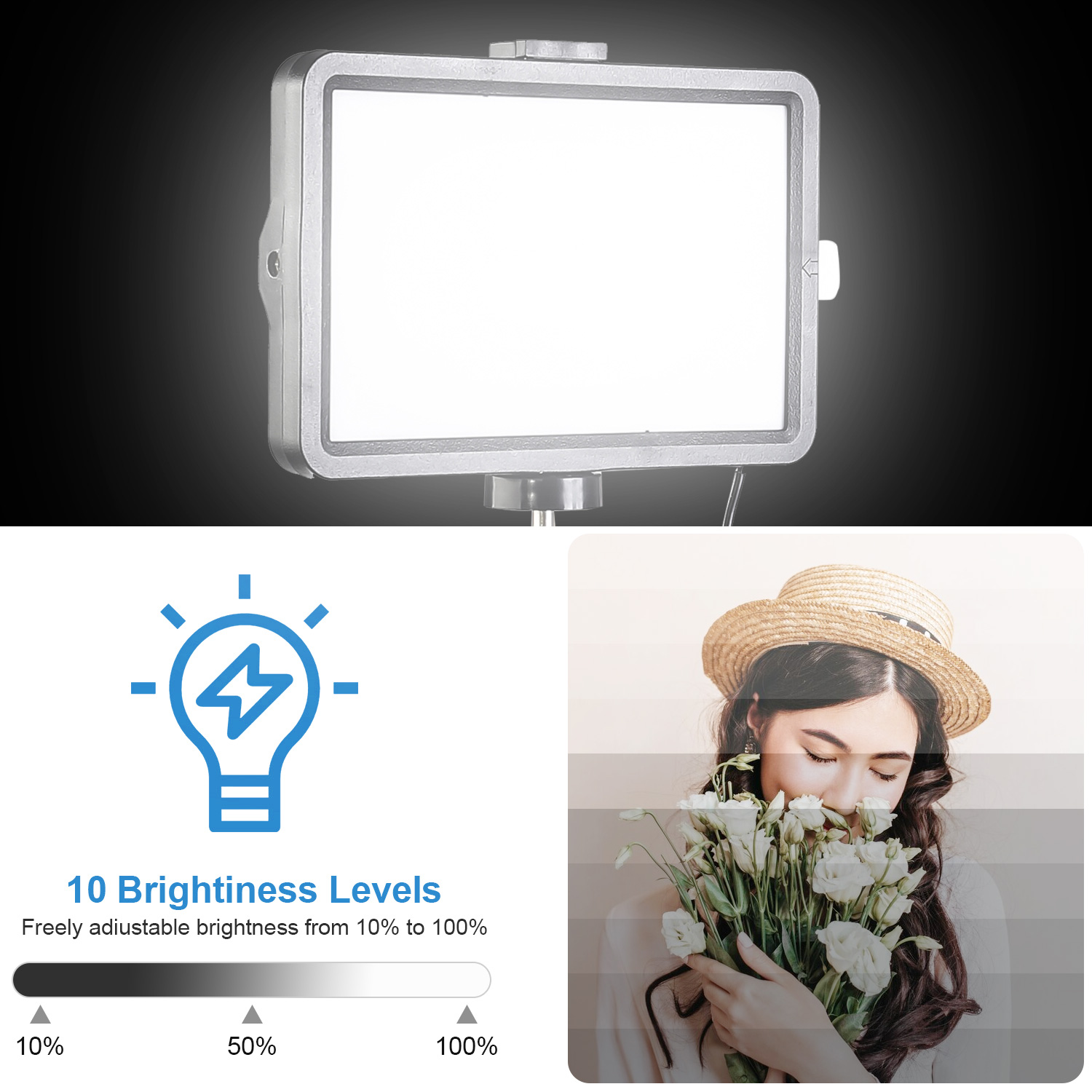 8インチ角型LEDフィルライト、43インチ調整可能なスタンド - Stand Lighting Photography のレビューと価格